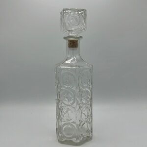 CIRCLE CLEAR CUT GLASS DECANTER VINTAGE with CORK SQUARE TOP